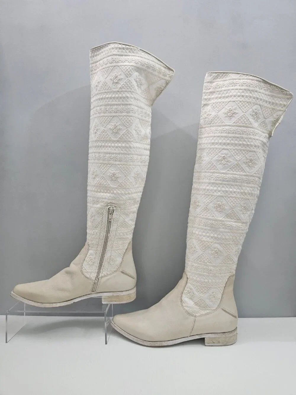 Free People Bren Knee High Boot Womens EU 38 Cream Embroidered Slouchy Boho